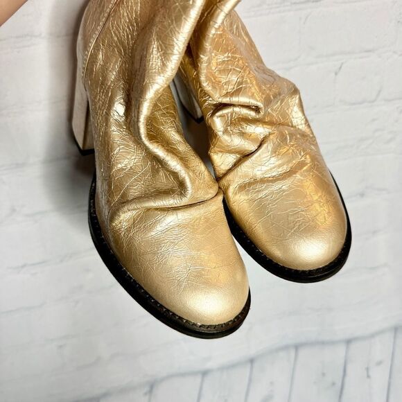 NEW Free People metallic gold crackle leather slouchy tall heel boots size 37 - Picture 4 of 13